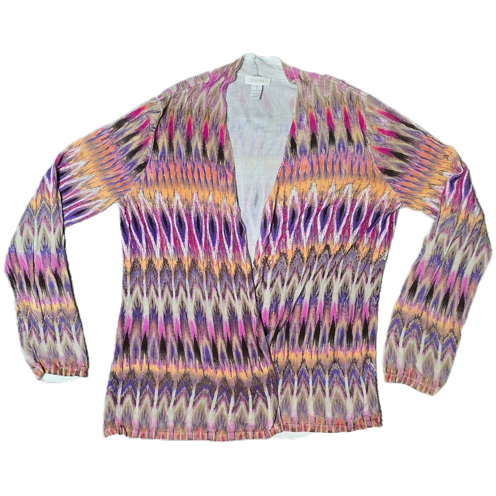 Chicos Size 1 Open Front Long Sleeve Rayon Cardigan Colorful Patterned
(V)